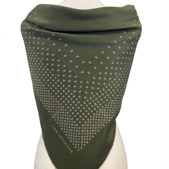 [SOLD]  Authentic Vintage LOUIS VUITTON Sage Green Monogram Silk Scarf - Picture 6 of 11
